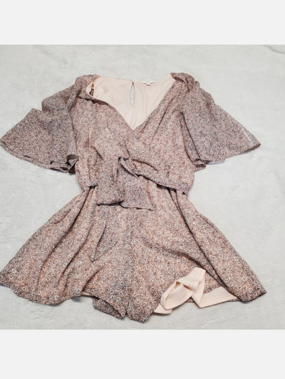 Pink Black Floral Flutter Sleeve‎ V Neck Romper Small Boho Casual Summer Preppy